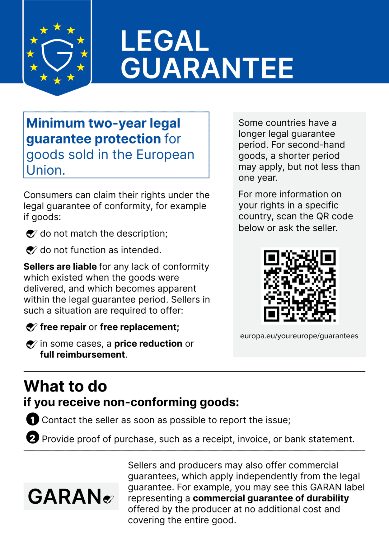 Minimum two-year legal guarantee protection for goods sold in the European Union. Consumers can claim their rights under the legal guarantee of conformity, for example if goods: do not match the description; do not function as intended. Sellers are liable for any lack of conformity which existed when the goods were delivered, and which becomes apparent within the legal guarantee period. Sellers in such a situation are required to offer: free repair or free replacement; in some cases, a price reduction or full reimbursement.